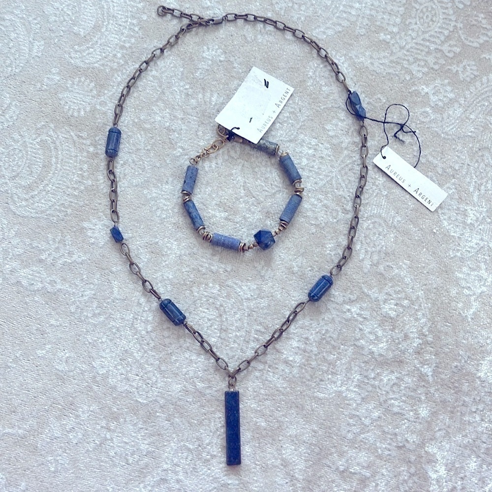 Blue Lapis Bar Pendant Necklace and Bracelet Set